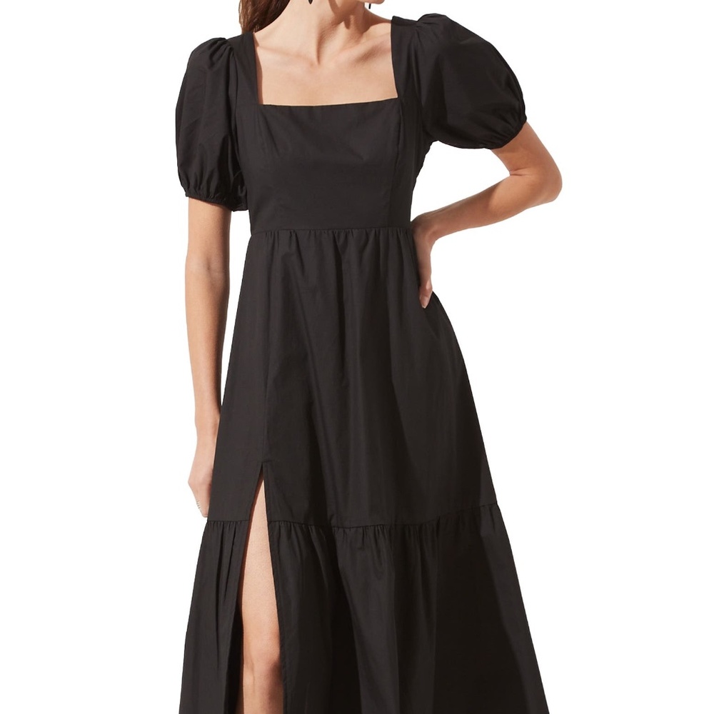 ASTR the Label Poplin Puff Sleeve Tiered Midi Dress Black - Size Medium NWT